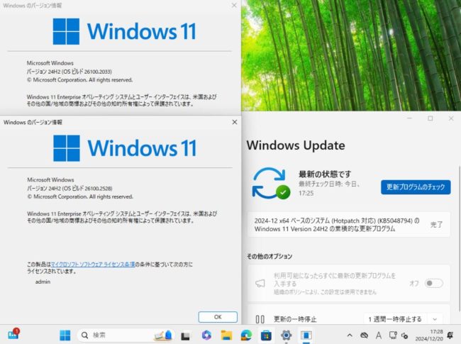 2024-12B のホットパッチを適用した後、左下にもうひとつ Windows バージョン情報を表示した様子。　左上の元のバージョン情報から、ビルド番号が変化していることがわかる。